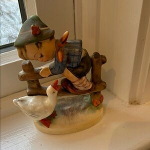 Goebel Boy with Goose Ceramic Figurine - Blue, Brown, White‎